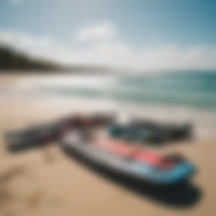 A variety of kiteboarding gear laid out for selection on the beach