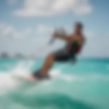 Kiteboarder gliding over turquoise waters