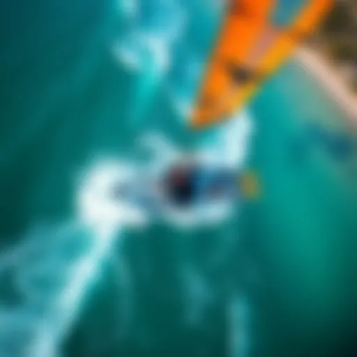 Aerial Kitesurfing Overview An aerial view of kitesurfing in a vibrant coastal setting