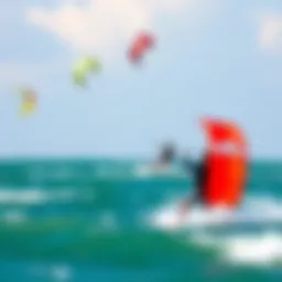A vibrant kitesurfing scene with colorful kites soaring above the water