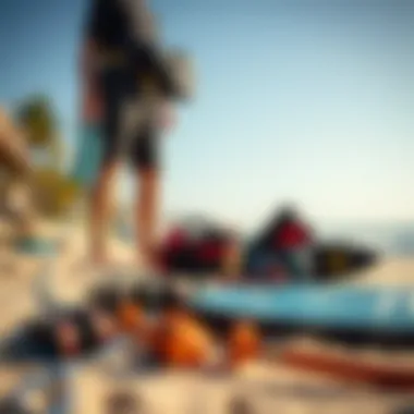 Equipment setup on the beach ready for an exhilarating kiteboarding session