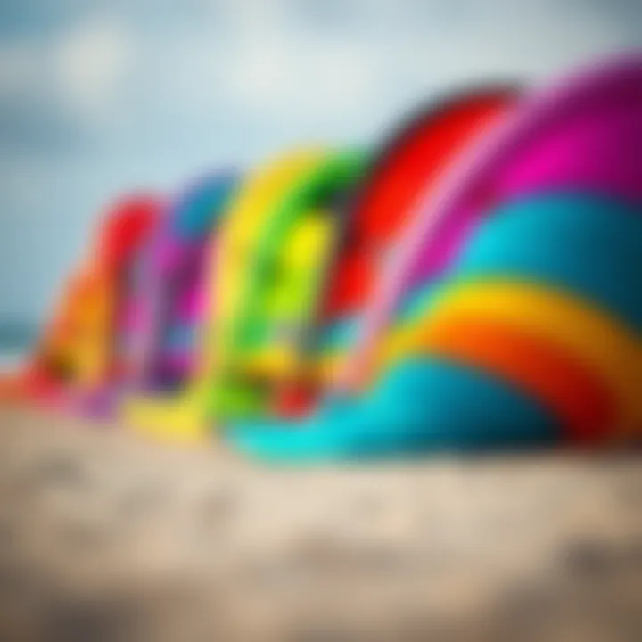 Vibrant Kites Awaiting the Wind A close-up of colorful kites ready for launch on a sandy beach