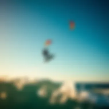 Defying Gravity: The Art of Kiteboarding A kiteboarder soaring high above the water with vibrant kites in the sky