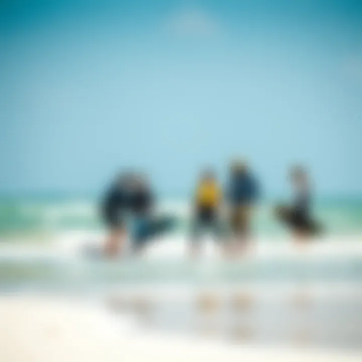 Unity in the Kiteboarding Community A community of kiteboarders sharing experiences and tips on the beach