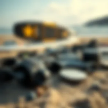 Close-up of advanced kitesurfing gear laid out on the beach