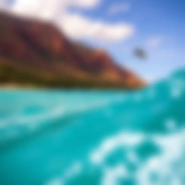 A breathtaking view of a kitesurfing location with turquoise waters