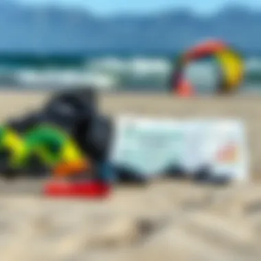 Gear and Tide Information Kiteboarding gear laid out on the beach with a tide chart