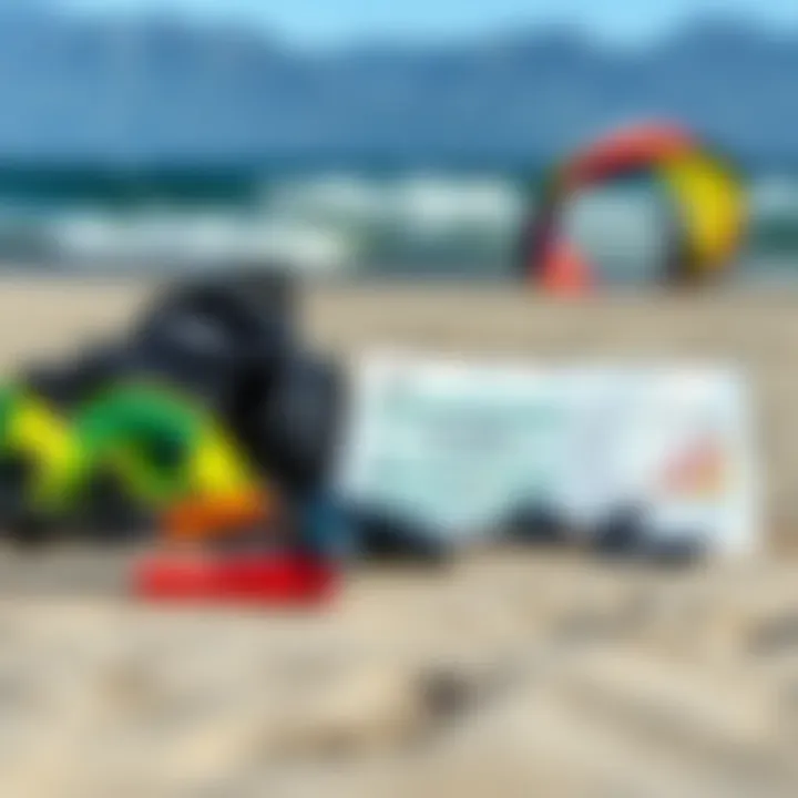 Gear and Tide Information Kiteboarding gear laid out on the beach with a tide chart