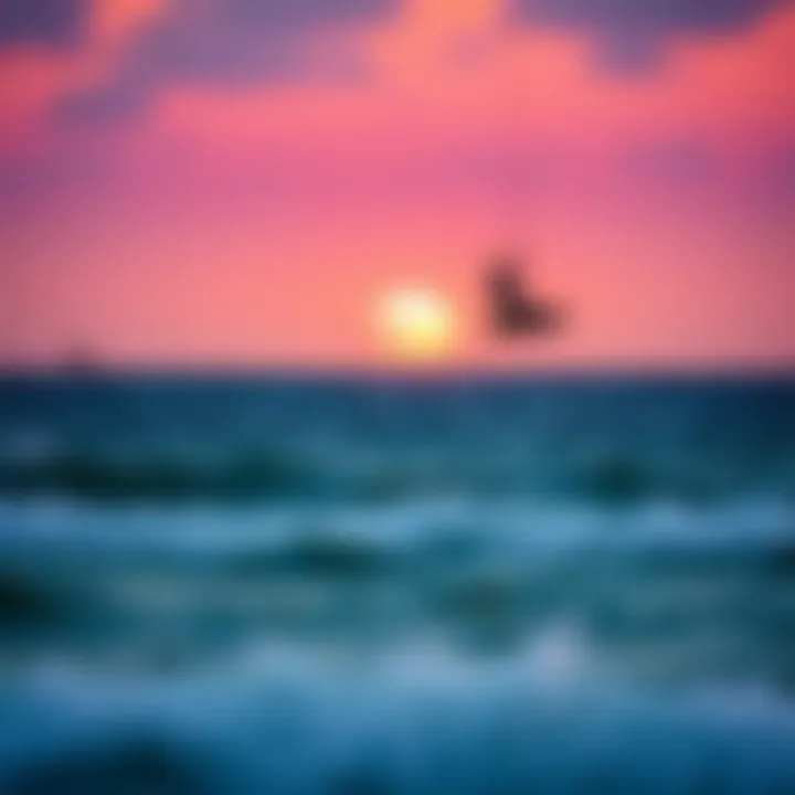 Kiteboarding at Dusk A sunset view of kiteboarders on the horizon