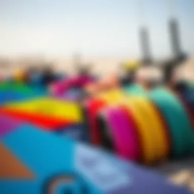 Close-up of colorful kiteboarding equipment ready for use