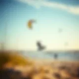 A scenic view of Sandbridge beach with kiteboarders in action