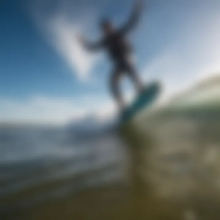 Kiteboarder wearing split toe neoprene socks while riding waves