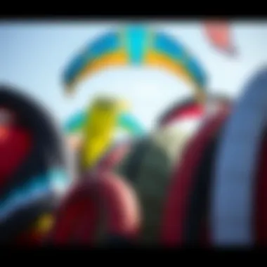 Close-up of various sport kites displayed for sale