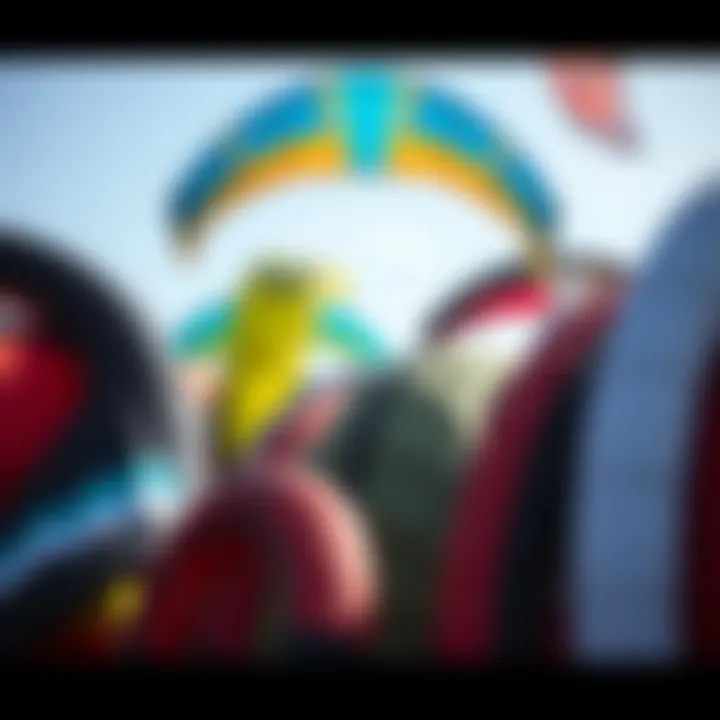 Close-up of various sport kites displayed for sale