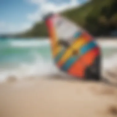 Close-up of a kiteboarding setup on the beach with vibrant kites ready for launch