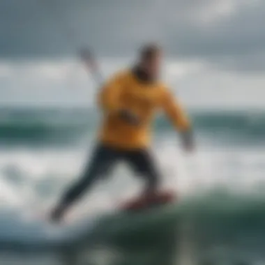 A kiteboarder wearing a water parka against a backdrop of waves