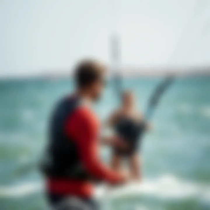 Beginner Kiteboarding Instruction An instructor guiding a beginner through basic kiteboarding techniques on the water.