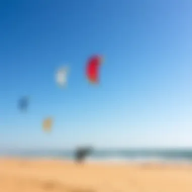 Vibrant Kiteboarding Scene at Tarifa Beach A vibrant kiteboarding scene at Tarifa beach with colorful kites soaring in the sky.
