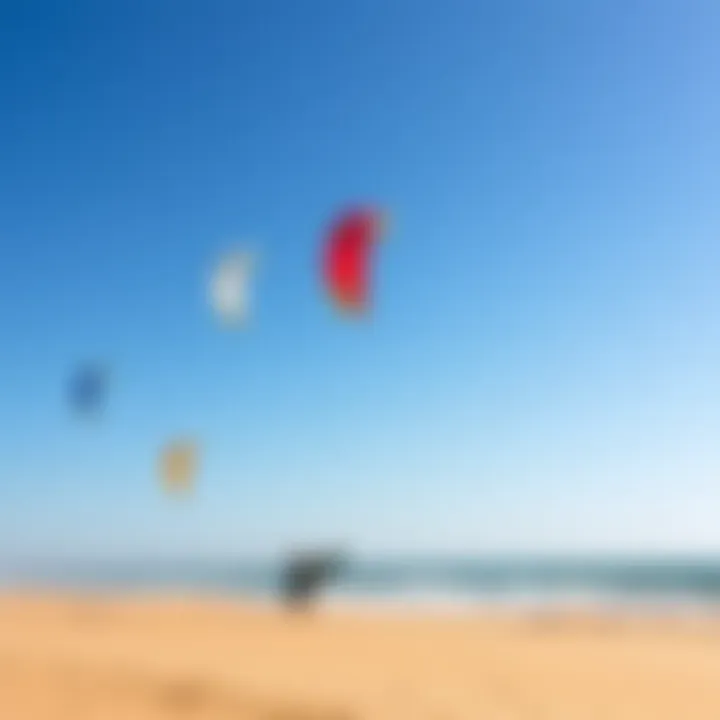 Vibrant Kiteboarding Scene at Tarifa Beach A vibrant kiteboarding scene at Tarifa beach with colorful kites soaring in the sky.