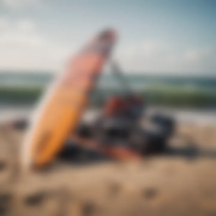 Close-up of kiteboarding equipment laid out on the beach ready for an adventurous day