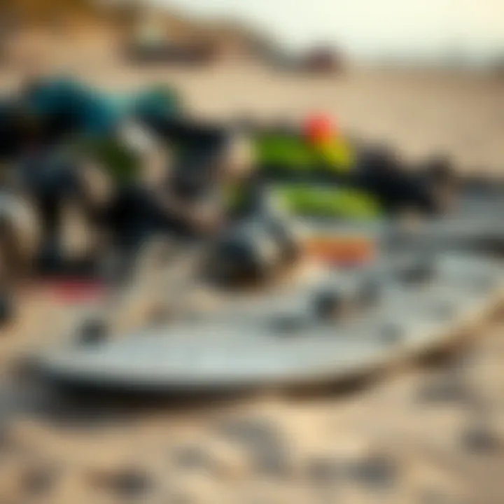 Essential Kiteboarding Equipment for Texel A close-up of kiteboarding gear laid out on the sandy shore