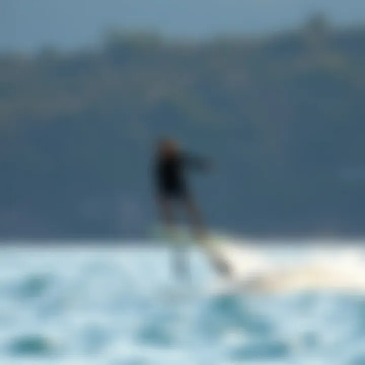 Executing a Thrilling E-Foiling Maneuver A dynamic moment captured as a rider executes a thrilling maneuver on the water