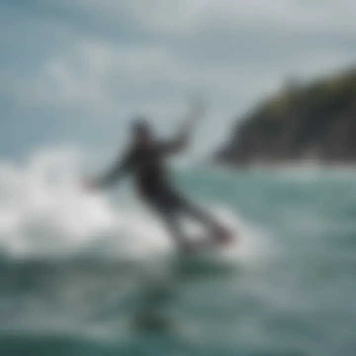 An action shot of kiteboarding with a foil kite in a dynamic wind environment.