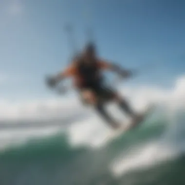 A dynamic kiteboarding maneuver showcasing a rider airborne above the waves.