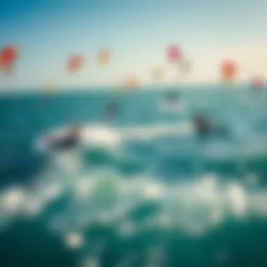 An aerial view of a diverse group of kitesurfers showcasing various techniques on the water