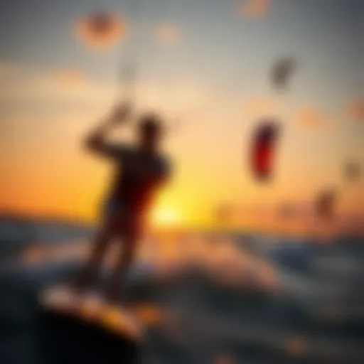 A vibrant kitesurfing scene at sunset showcasing various kites against the horizon