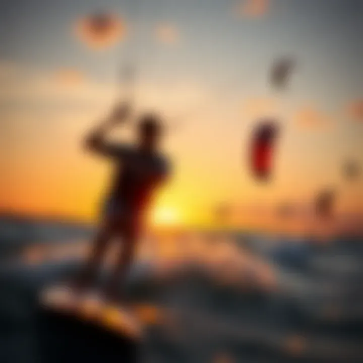A vibrant kitesurfing scene at sunset showcasing various kites against the horizon