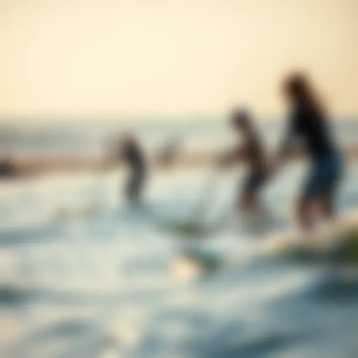 A serene beach scene with foil boarding enthusiasts