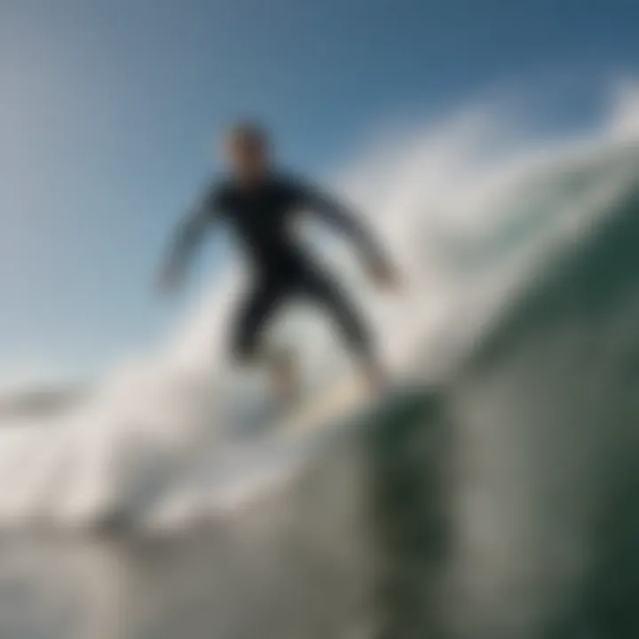 Dynamic action shot of a surfer riding a foil surfboard on a wave