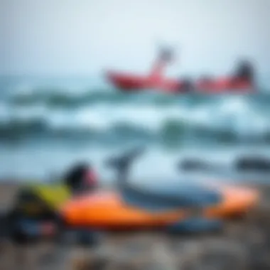 Essential hydro wakeboarding equipment laid out on the shore