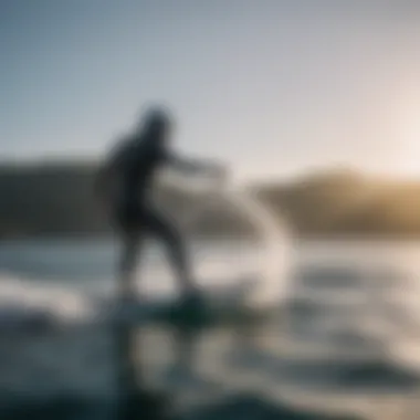 Rider mastering the art of wing foiling on a serene water surface