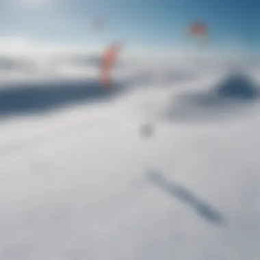 An aerial view of a snow kite surfing event, capturing the vibrant colors against the white snow.