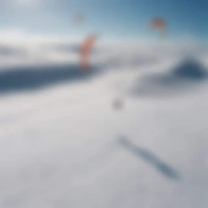 An aerial view of a snow kite surfing event, capturing the vibrant colors against the white snow.