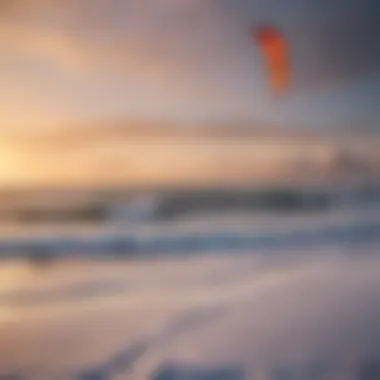 A serene sunset scene with a lone kite surfer gliding gracefully across the snowy expanse.