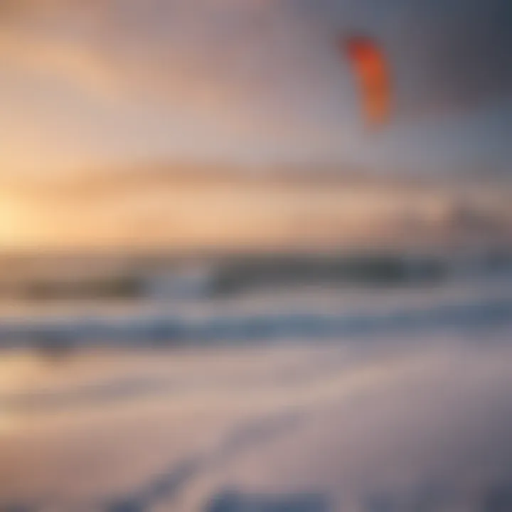 A serene sunset scene with a lone kite surfer gliding gracefully across the snowy expanse.