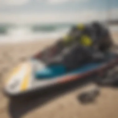 Close-up of kiteboarding gear laid out on the beach