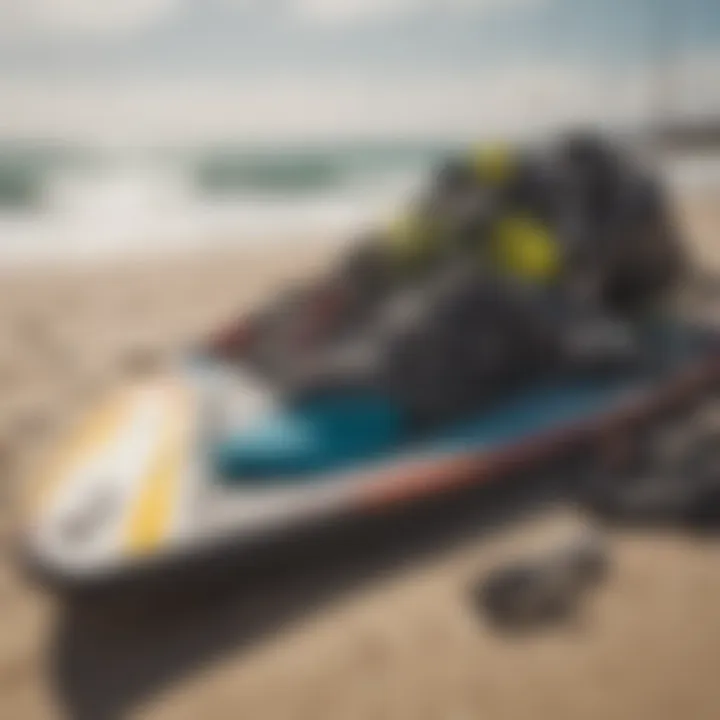 Close-up of kiteboarding gear laid out on the beach