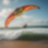 A vibrant kite soaring high above the ocean waves