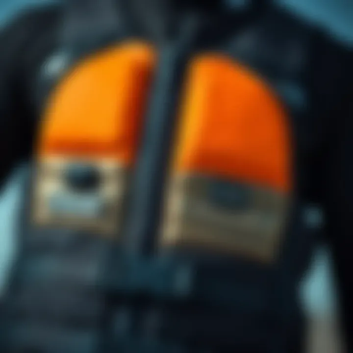 A close-up view of a high-quality flotation vest designed for kiteboarding, showcasing its unique features and materials.