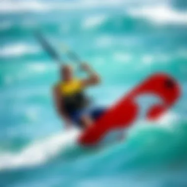 A vibrant kiteboarder in action, wearing a flotation vest while riding the waves, demonstrating the vest's role in safety.