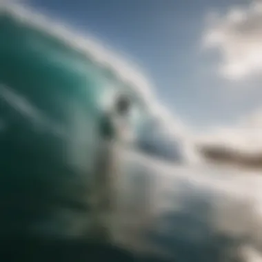 An action shot of a rider performing a maneuver while wing surfing in a picturesque setting