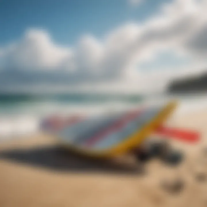 Close-up of advanced wing surfing equipment laid out on the beach for enthusiasts