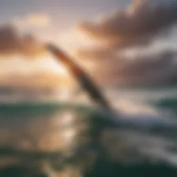 A vibrant sunset over the ocean with a wing surfer gliding effortlessly on the water