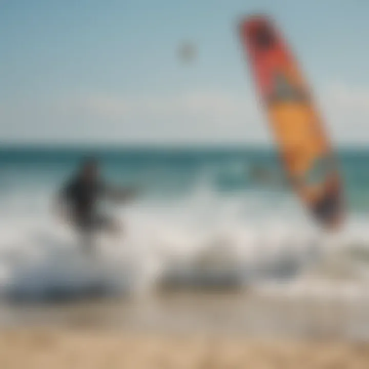 A scenic beach with kiteboarders in action