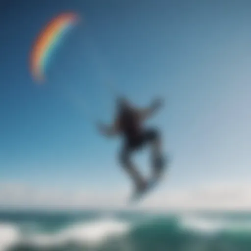 A vibrant kite soaring through a clear blue sky