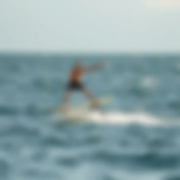 Hydrofoil Surfing in Action An athlete demonstrating hydrofoil surfing on calm waters
